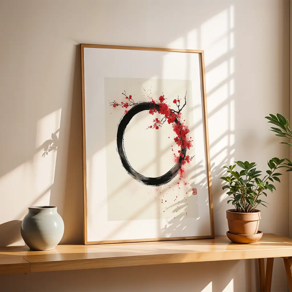 Framed 'Crimson Bloom Ensō Print' displayed on a wooden shelf next to a grey vase and a potted green plant, with sunlight casting shadows.