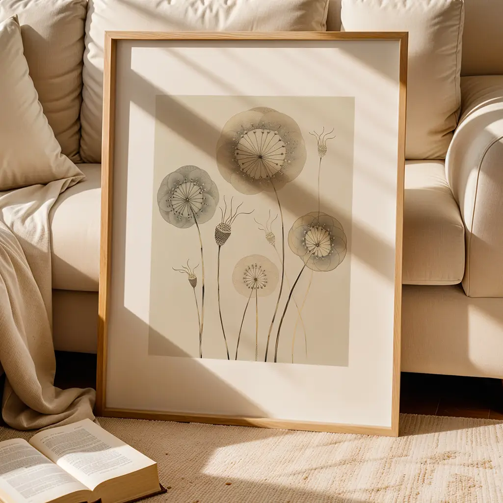 Framed botanical print of dandelion-like flowers on the floor in front of a cream-colored couch with an open book.