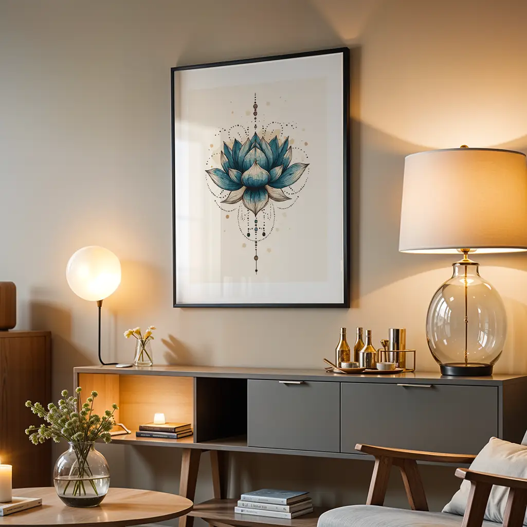Framed lotus print hanging on a grey wall above a console table with lamps and decor in a living room.