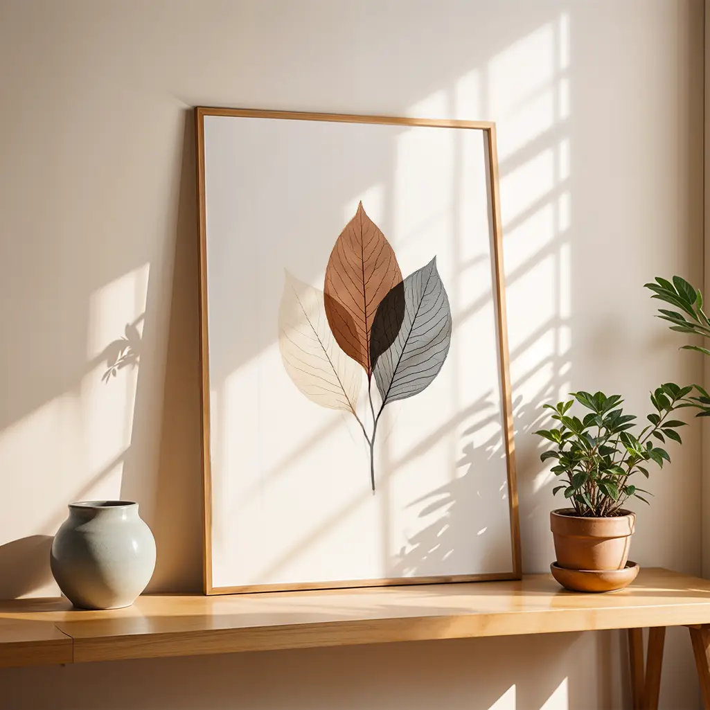 Botanical print of translucent leaves framed on a wooden shelf next to a vase and potted plant, bathed in sunlight.