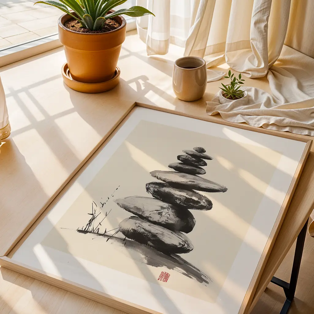 Overhead view of a framed Sumi-e print of a rock cairn on a wooden surface with a potted plant.