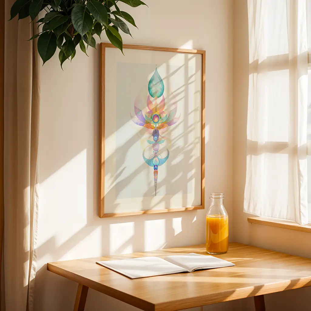 Framed abstract lotus print hanging on a wall above a wooden table with a drink and open book.