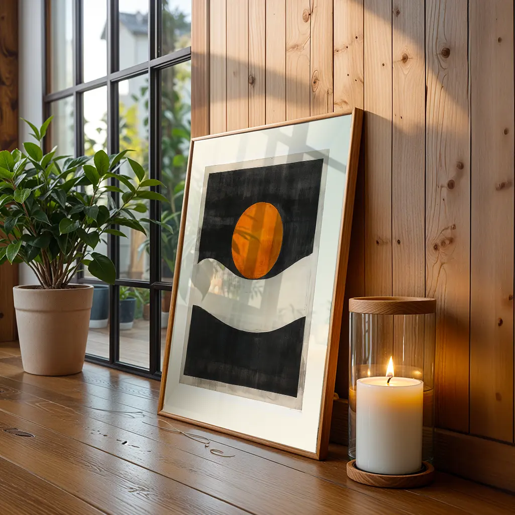 Framed abstract print on a wooden floor, next to a potted plant and a lit candle.