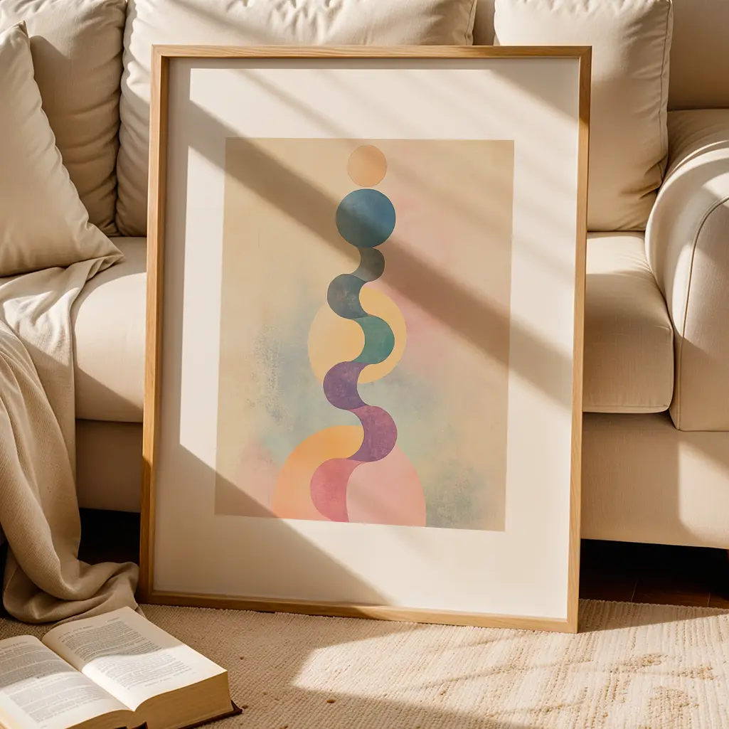 Framed abstract art print leaning against a sofa with cushions and an open book.