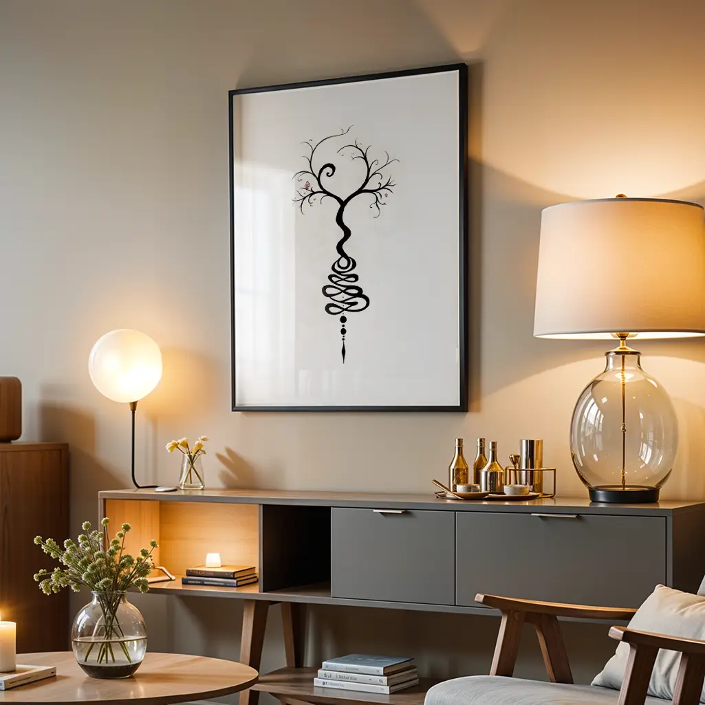 Unalome tree print in a black frame hanging above a modern wooden cabinet with lamps and decor.