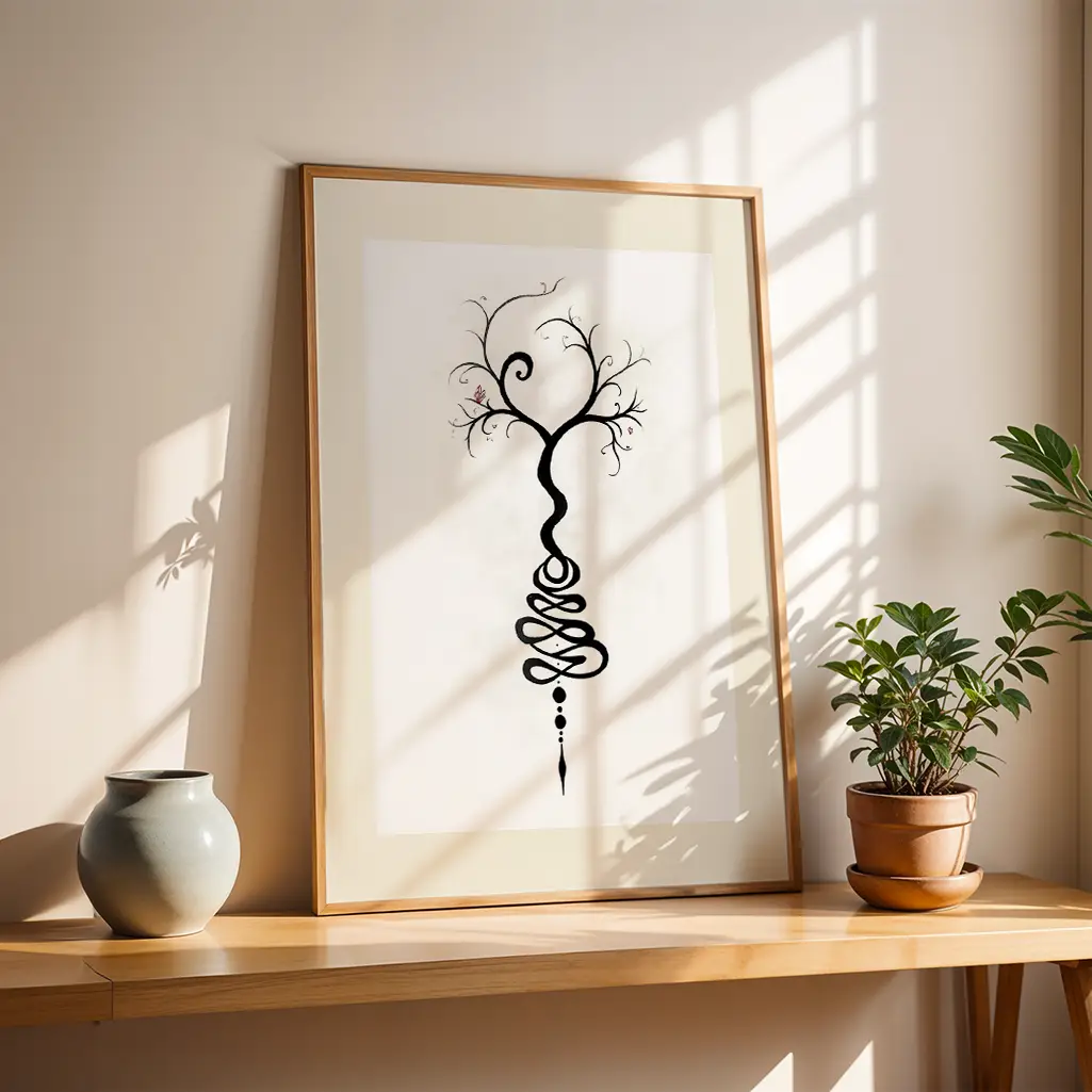 Unalome tree print in a wooden frame on a wooden shelf next to a vase and a potted plant, sunlit.