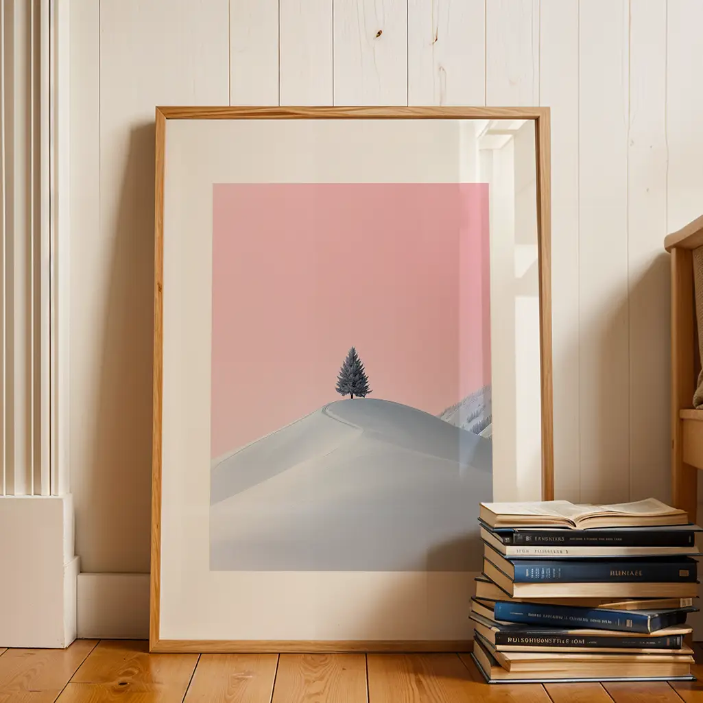 Framed print of a snowy landscape with a lone tree and pink sky, resting against a white paneled wall on a wooden floor beside a stack of books.