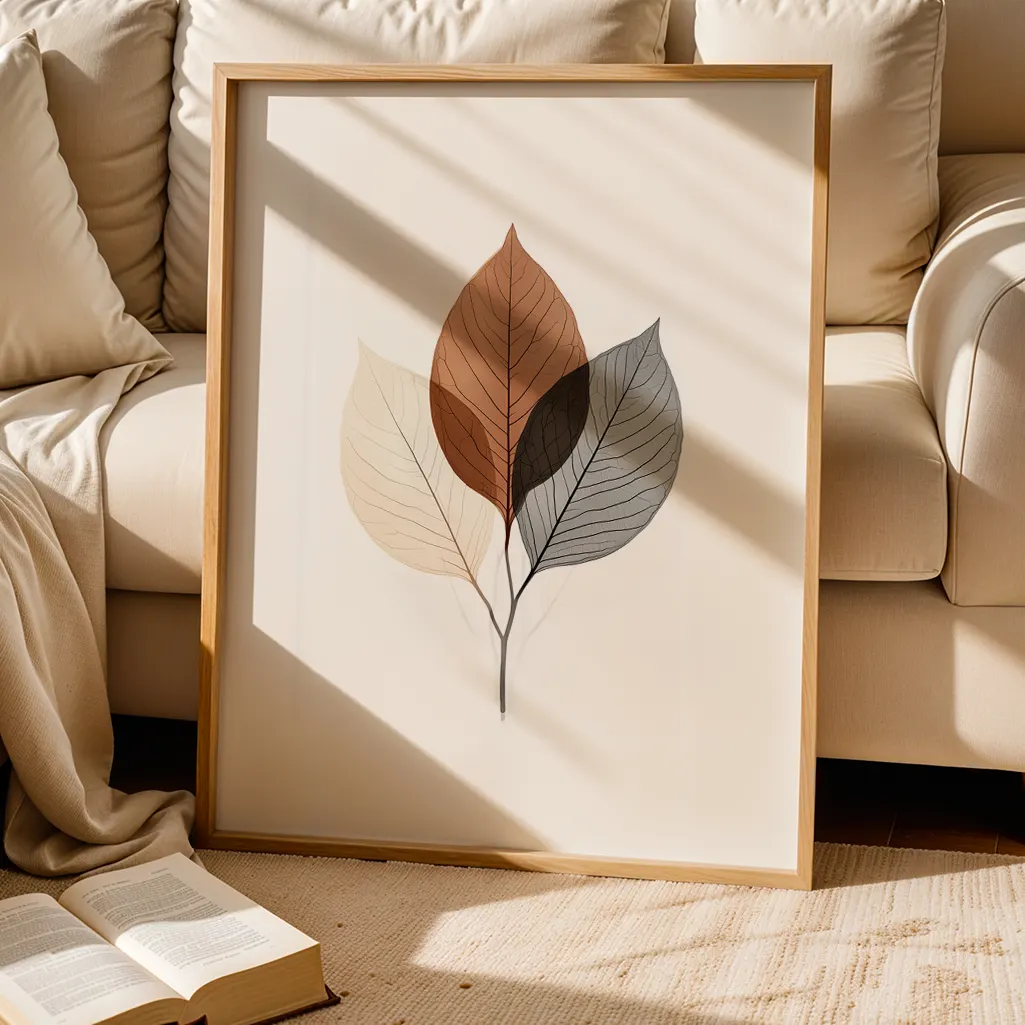 Framed botanical print of translucent leaves placed on a rug next to a white sofa and open book.