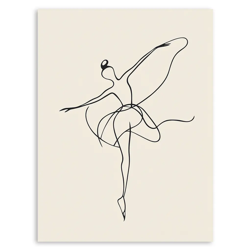 Close-up of a minimalist line art print featuring a ballerina figure on a light beige background.