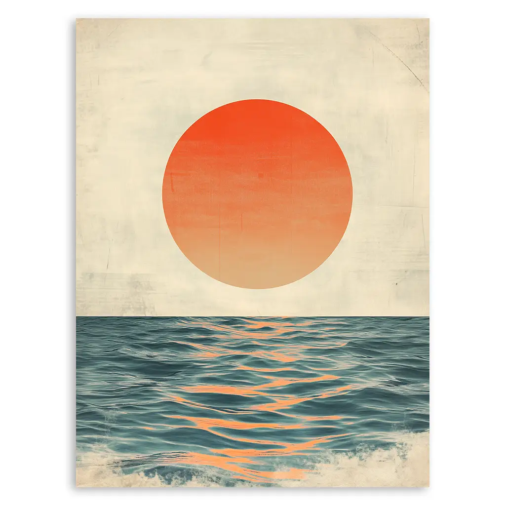 Closeup of the print featuring a large red sun fading to orange above realistic blue ocean waves.
