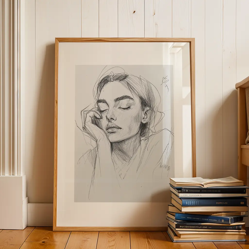 Framed sketch of a woman resting, leaning against a white wooden paneled wall, with a stack of old books on a wooden floor beside it.