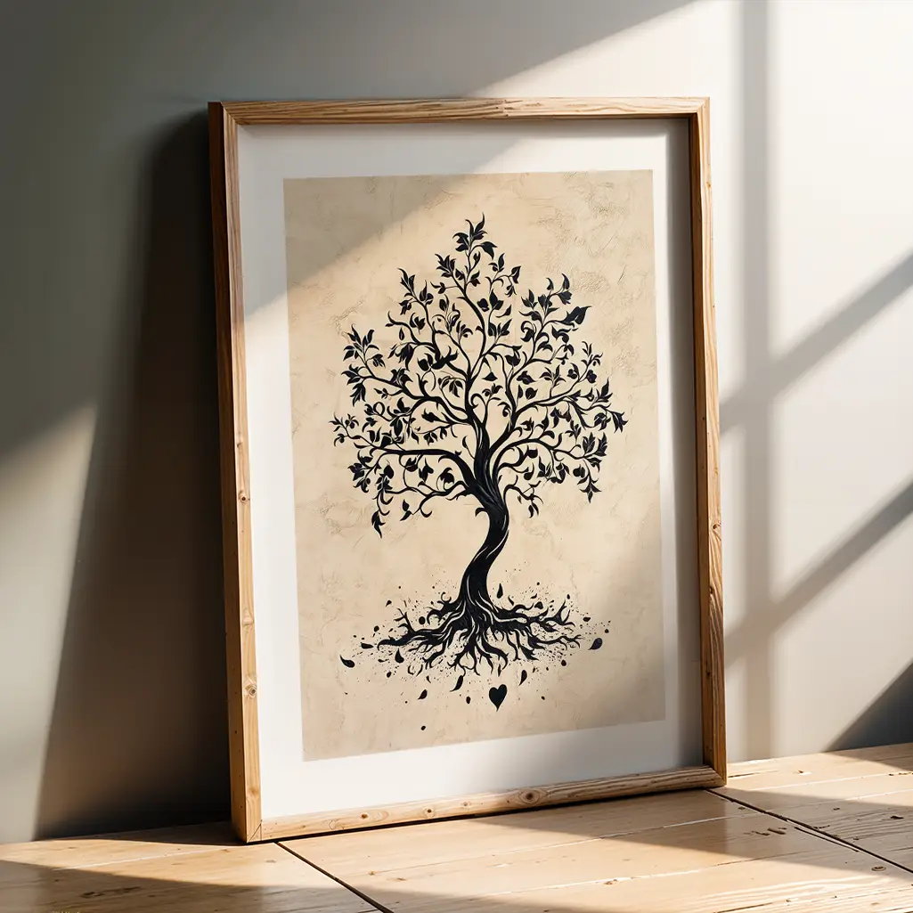 A framed black tree silhouette print leaning against a dark gray wall, resting on a light wooden floor with sunlight casting shadows.