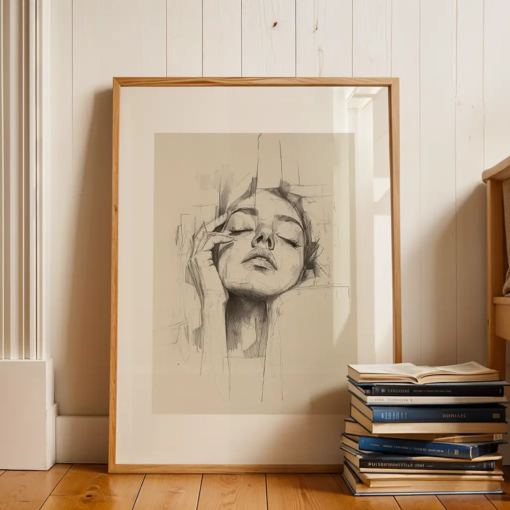 Framed sketch print of a serene woman's face on a light wooden floor next to a stack of books, against a white paneled wall