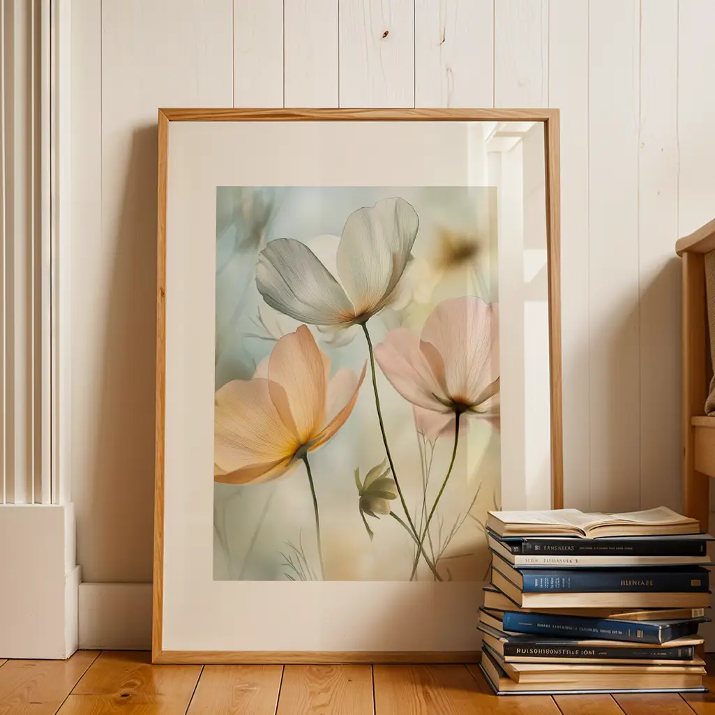 Framed botanical print leaning against a white wooden wall next to a stack of books on a wooden floor.
