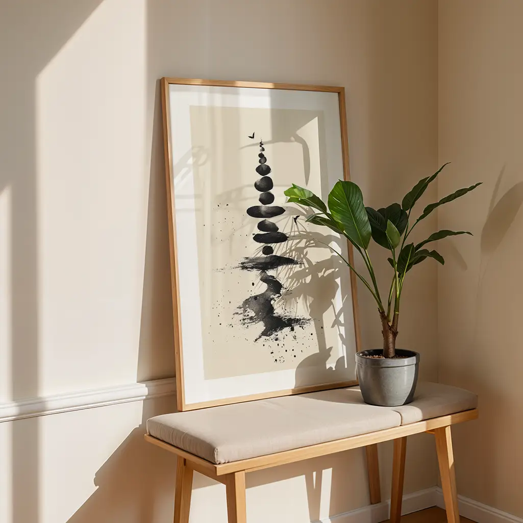 Tall framed sumi-e print depicting a stone cairn and ink reflections, resting on a beige bench next to a large green potted plant in a sunny room.