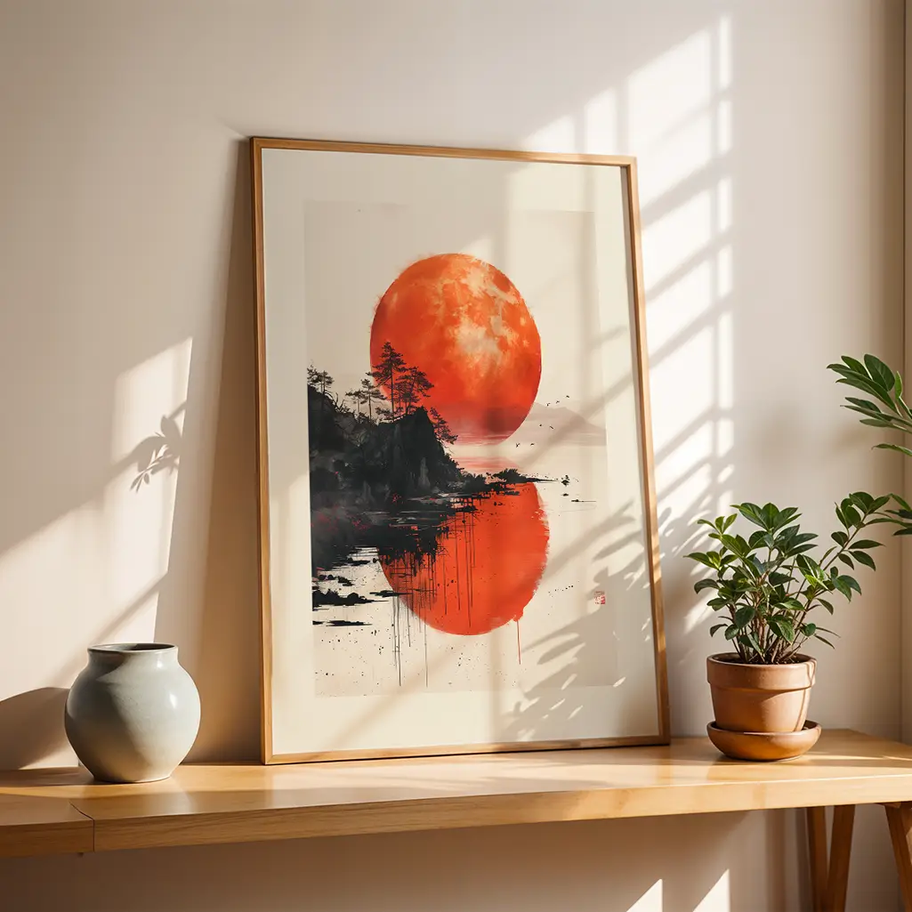 Framed sumi-e print of a red moon and dark island scene leaning on a wooden shelf, with potted plants and a vase nearby, bathed in sunlight.