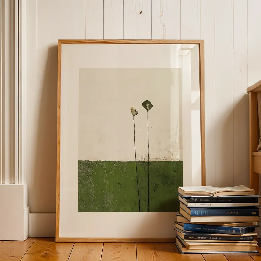 Framed botanical print showing two green plants from a textured green base, leaning against a white wall next to a stack of books.