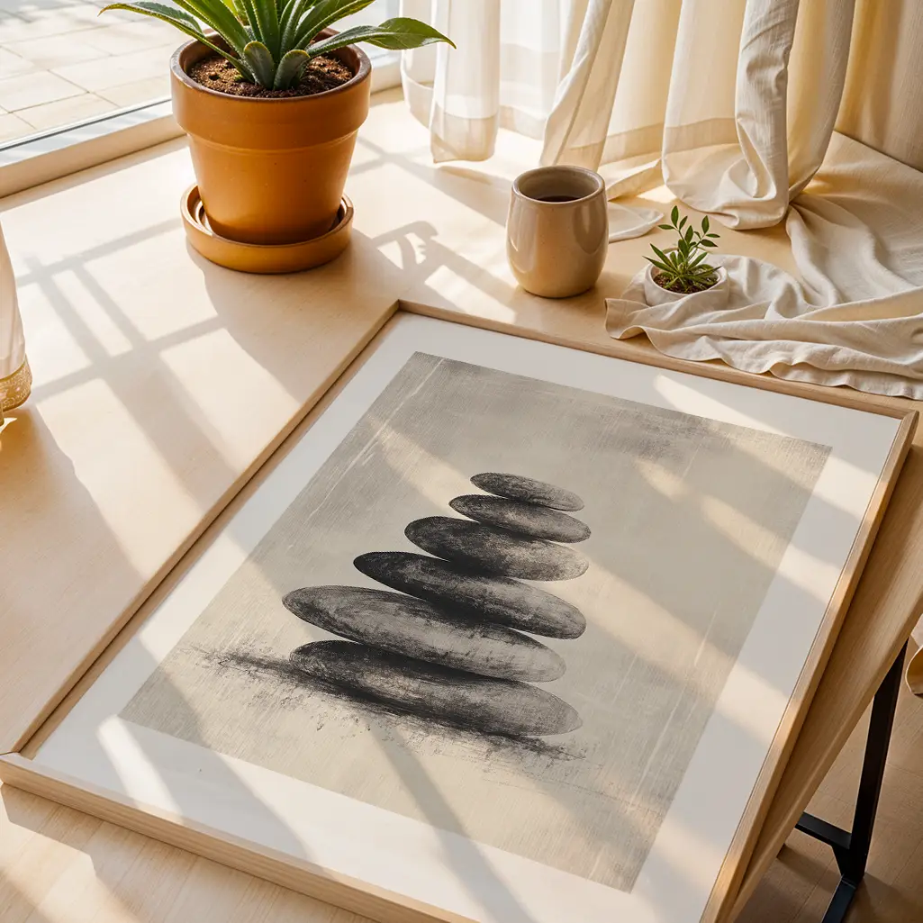 A framed print of stacked stones lying on a wooden surface next to potted plants and a mug, bathed in sunlight.