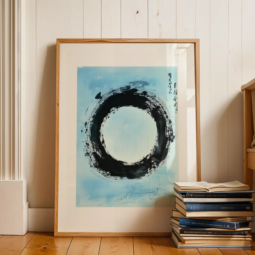 Framed Ensō print with black circle on blue, next to a stack of books on a wooden floor.