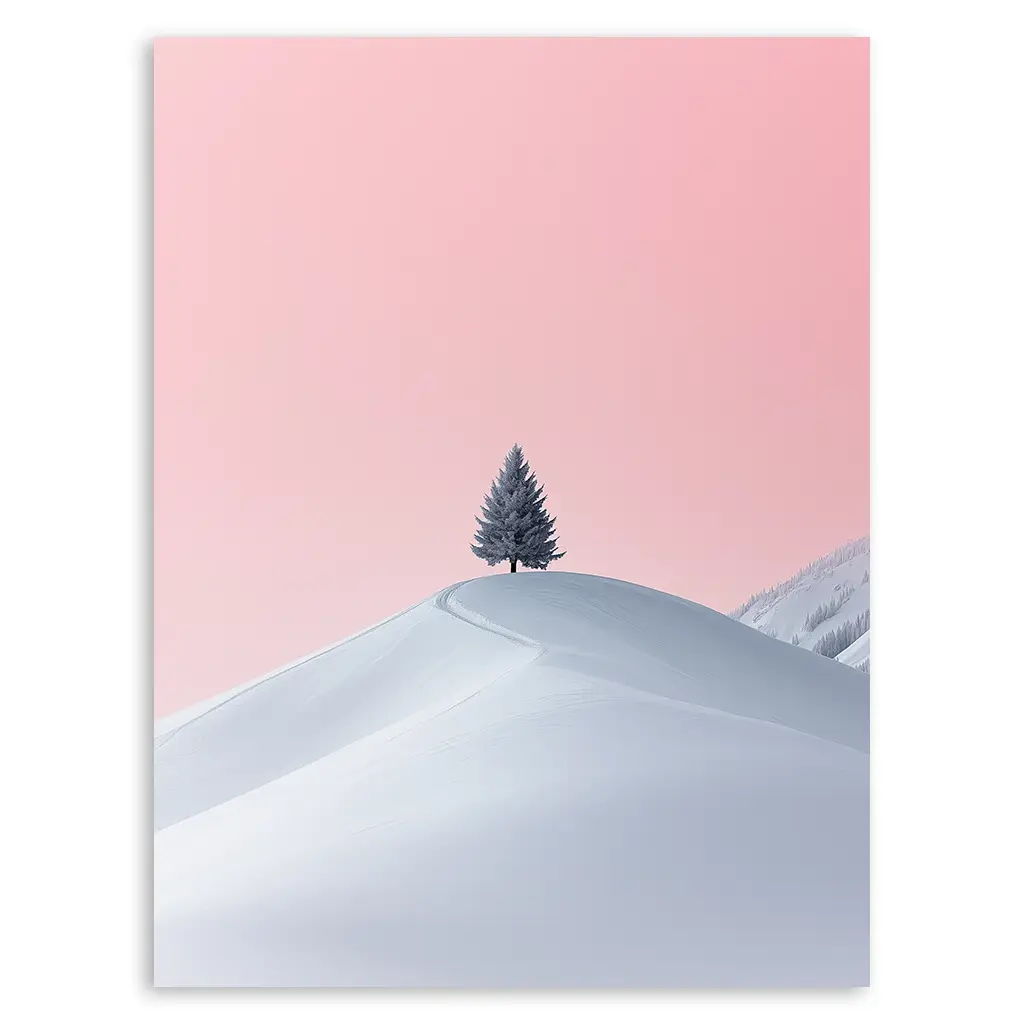 Close-up of a pastel print showing a solitary pine tree on a gentle white snowdrift under a soft pink sky.