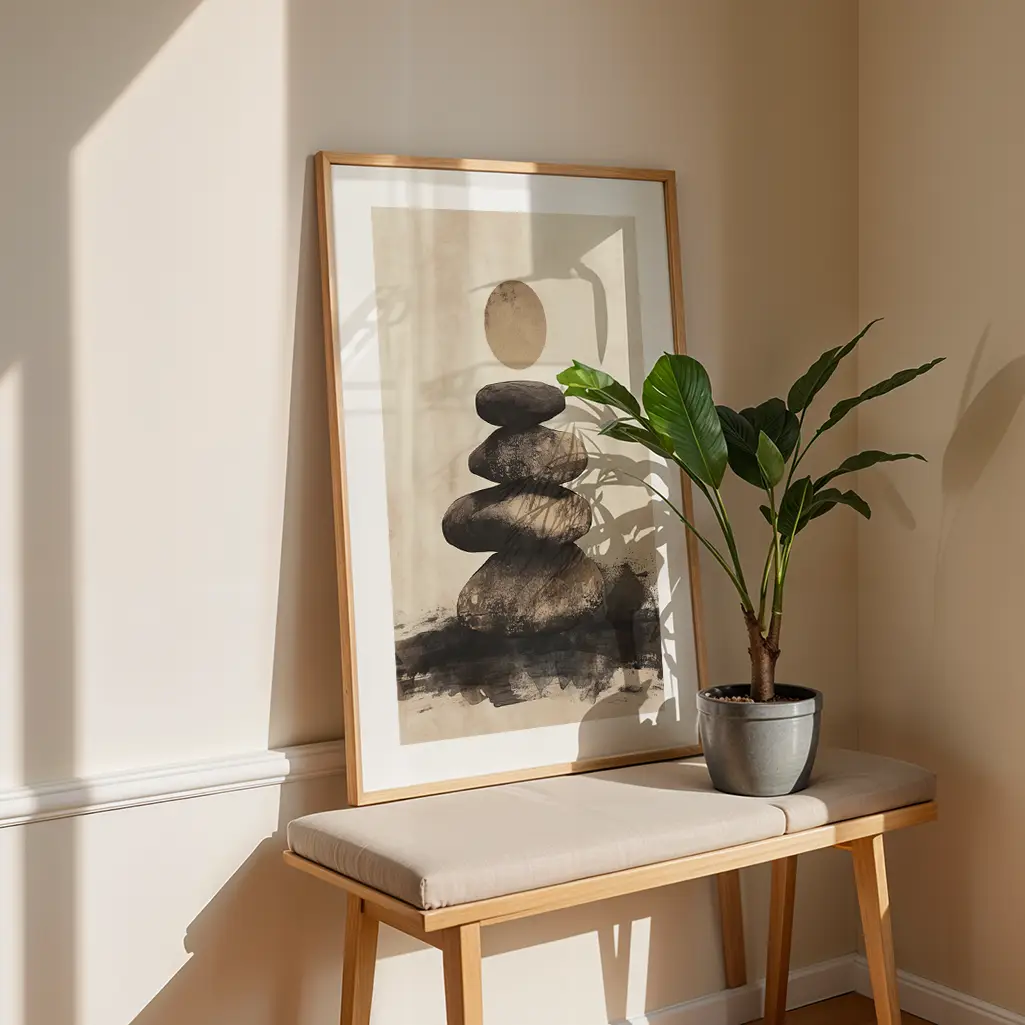 Framed print of stacked stones under a moon, leaning against a cream wall on a light wooden bench with a green potted plant.