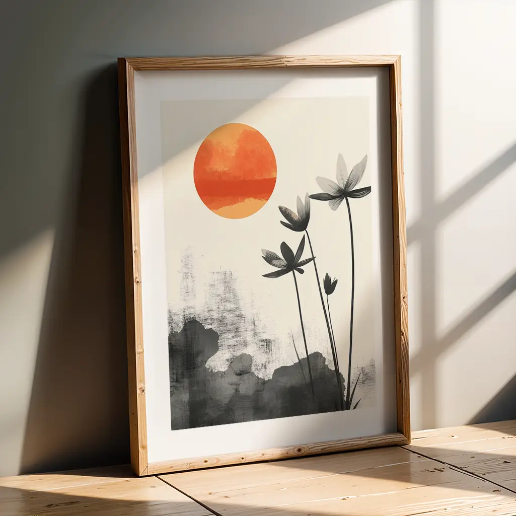 Framed Sumi-e print leaning against a wall, sunlit wooden floor.