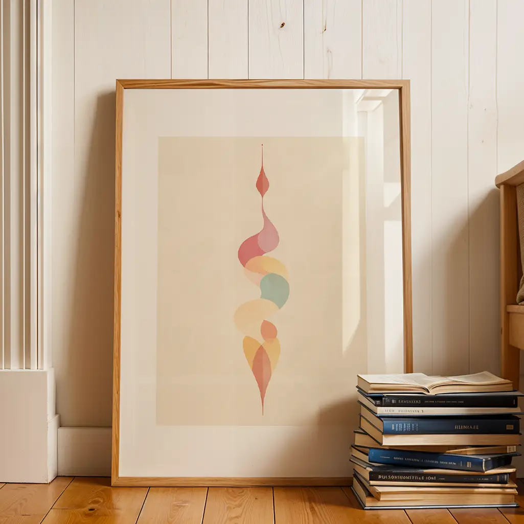 Unalome print in a wooden frame leaning against a white wooden wall, next to a stack of books.