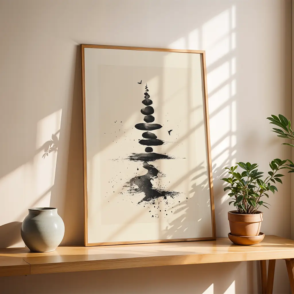 Framed sumi-e print of balanced stones and an inky river, placed on a wooden shelf with a grey vase and another potted plant.