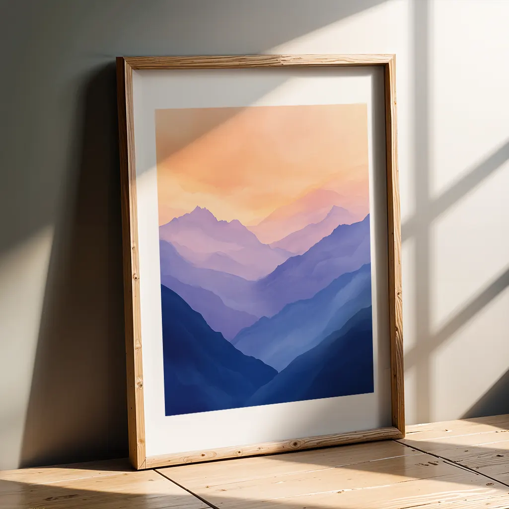 Framed mountain landscape print leaning against a gray wall on a light wooden floor, with sunlight streaming through a window.