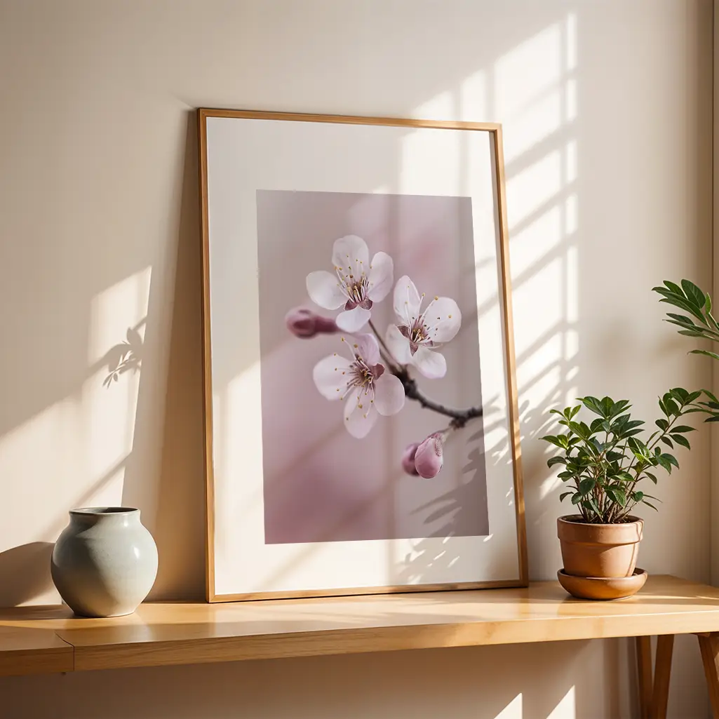 Framed cherry blossom print leaning against a wall on a wooden shelf next to a green plant and a gray vase, with sunlight streaming through a window.