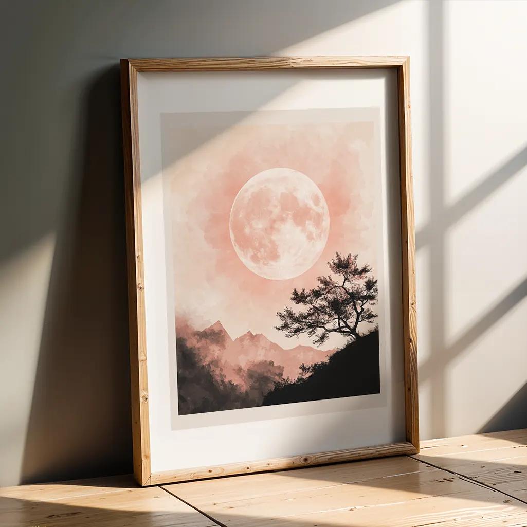 Framed print depicting a pink moon, mountains, and a tree, leaning against a dark wall and wooden floor, bathed in soft light.