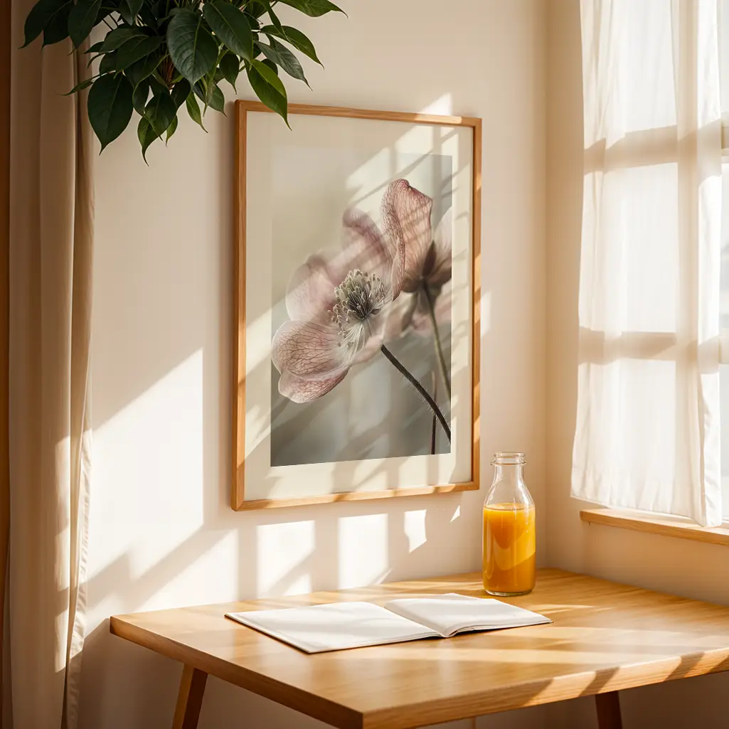 Framed print of a pale pink flower hanging on a light wall above a wooden table with a book and orange juice, by a sunlit window.