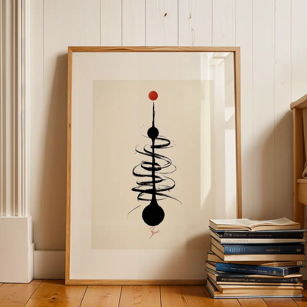Framed Sumi-e print with black spirals and red dot, resting on floor against white wall, next to stack of books.