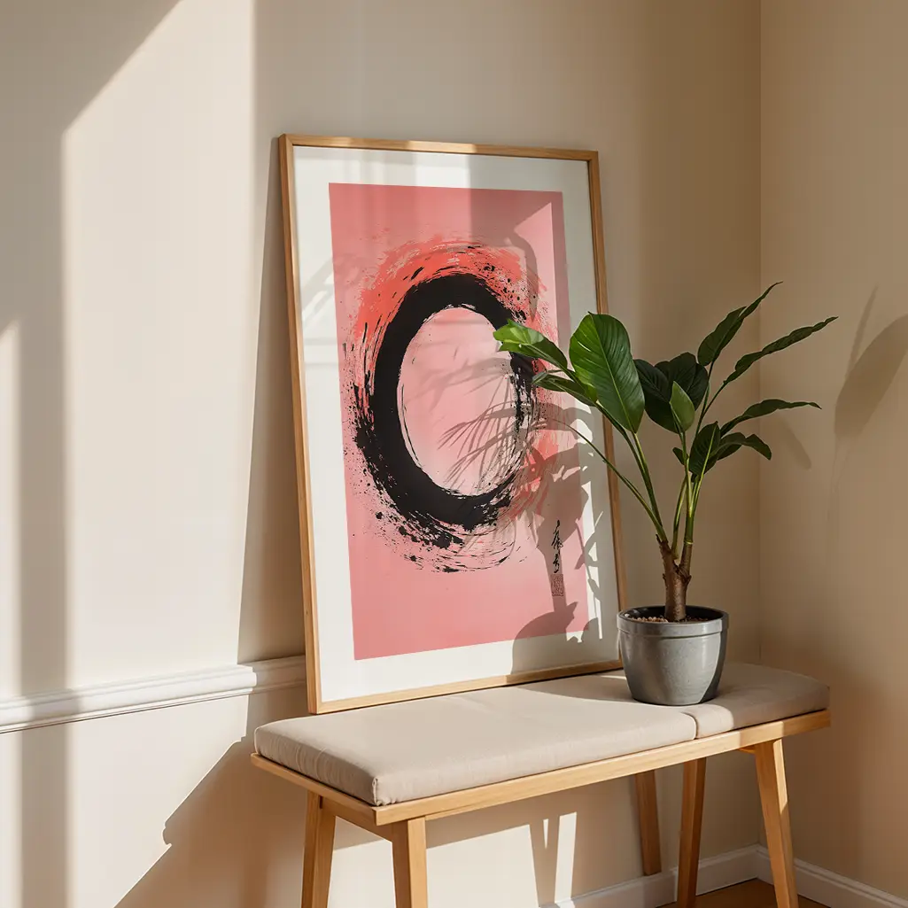 Framed Ensō print leaning against a light wall, sitting on a natural wood bench with a potted plant.