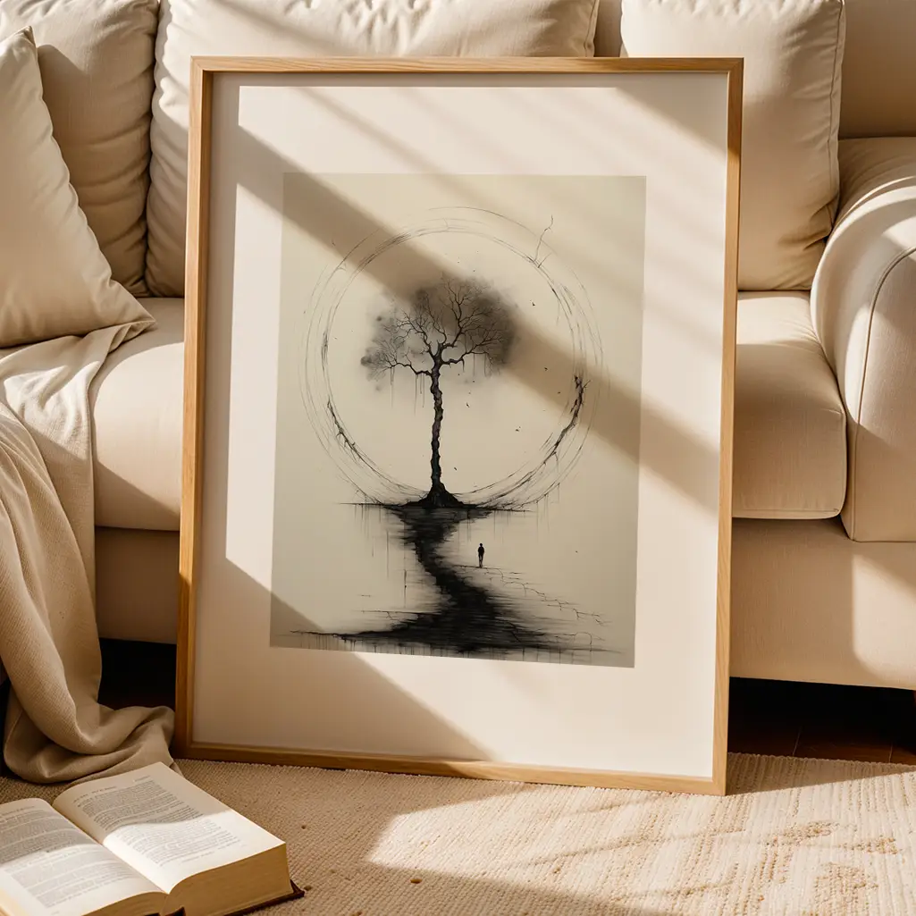 Framed tree artwork with an Ensō circle leaning on a rug in front of a neutral-colored sofa with an open book.