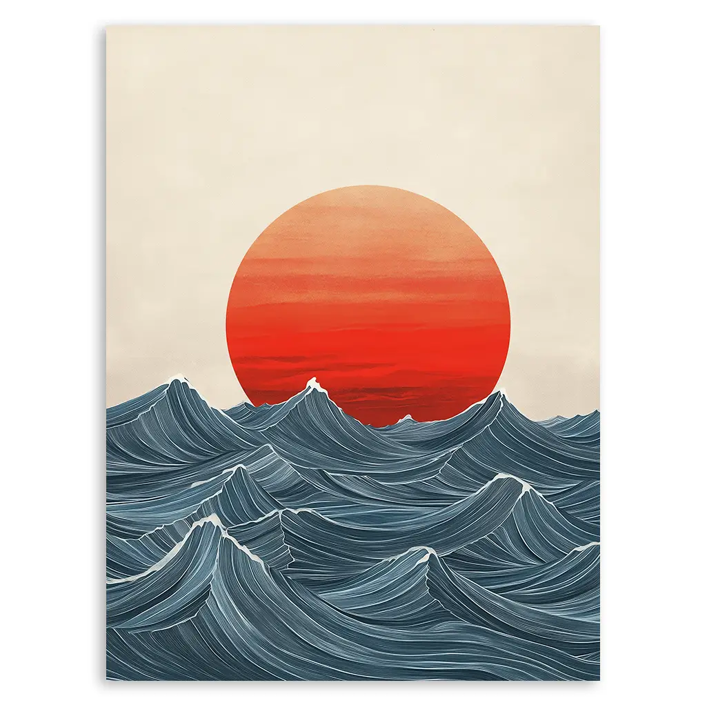 Close-up of a Japandi artwork depicting a large red sun setting over patterned blue ocean waves.