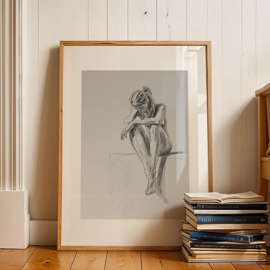 A framed sketch of a seated figure with head bowed, resting on a wooden floor next to a stack of books, against a white wooden wall.