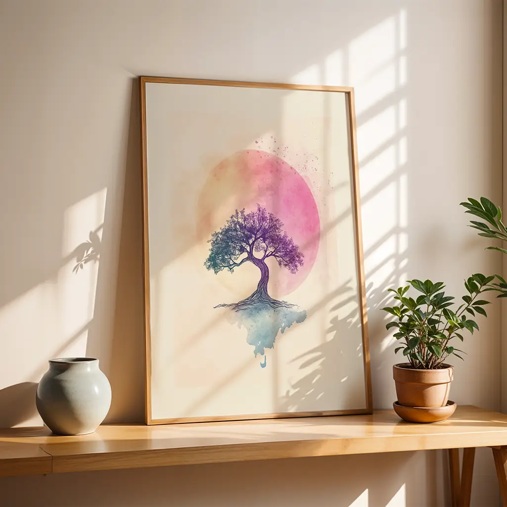 Wooden framed pastel tree print on a light wooden shelf next to a gray vase and a potted plant, bathed in sunlight.
