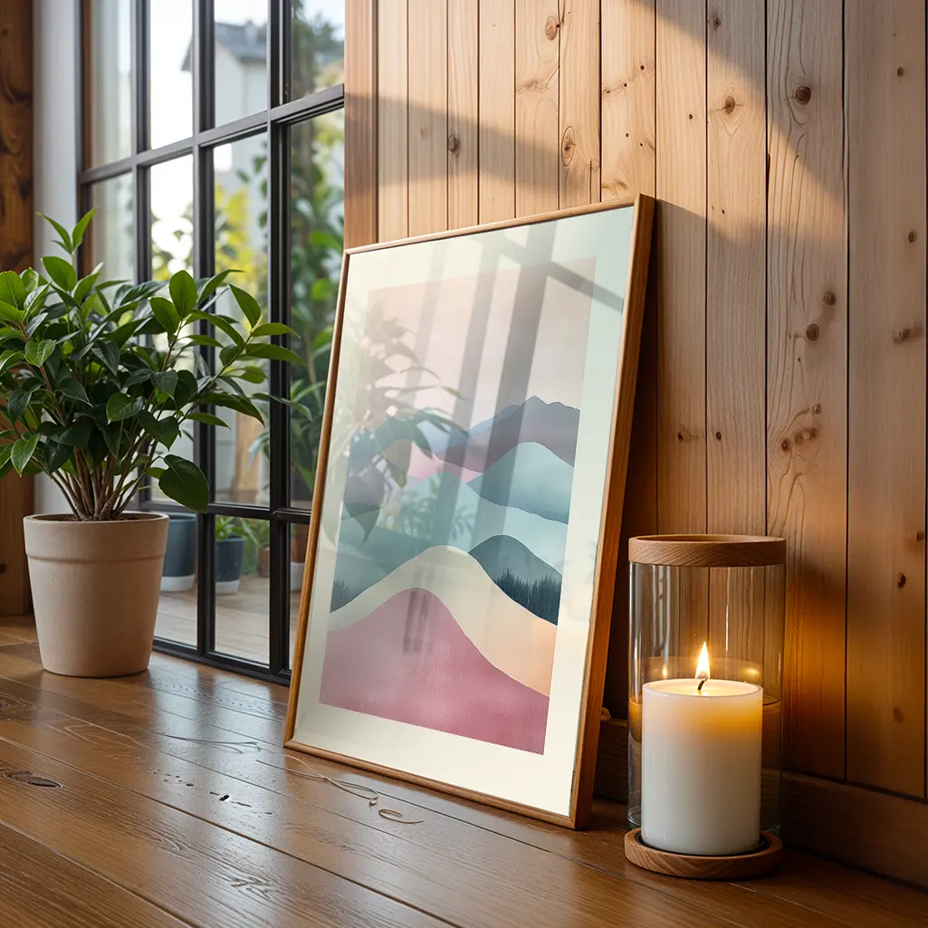 Framed pastel mountain print on a wooden floor next to a potted plant and lit candle by a window.