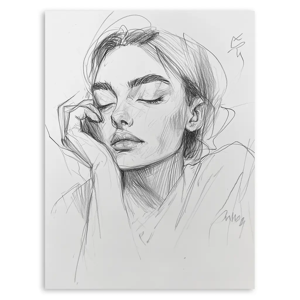 Close-up of a pencil sketch featuring a woman's face with closed eyes, head resting on her hand, with signature and light lines around.