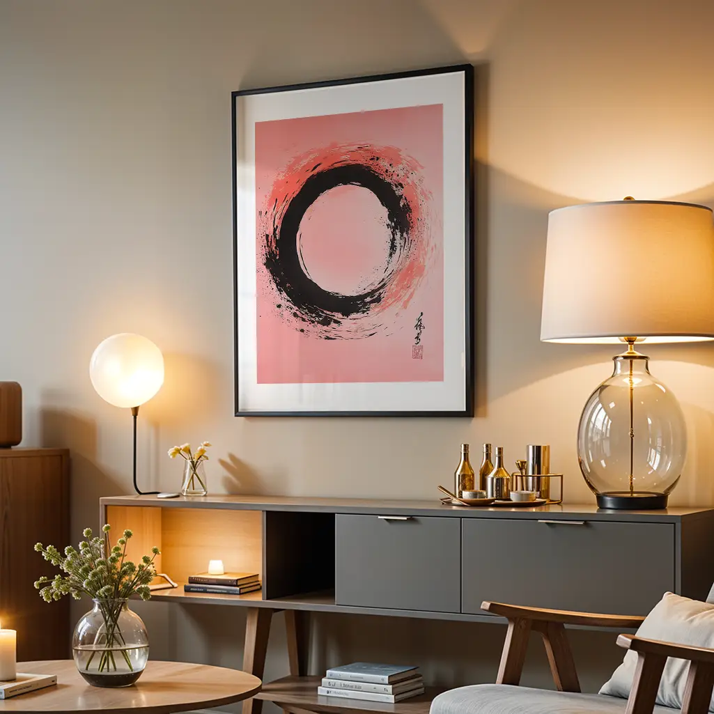 Ensō print with a black frame and black brushstroke on a pink background hangs on a grey wall in a modern living room setting with lamps and furniture.