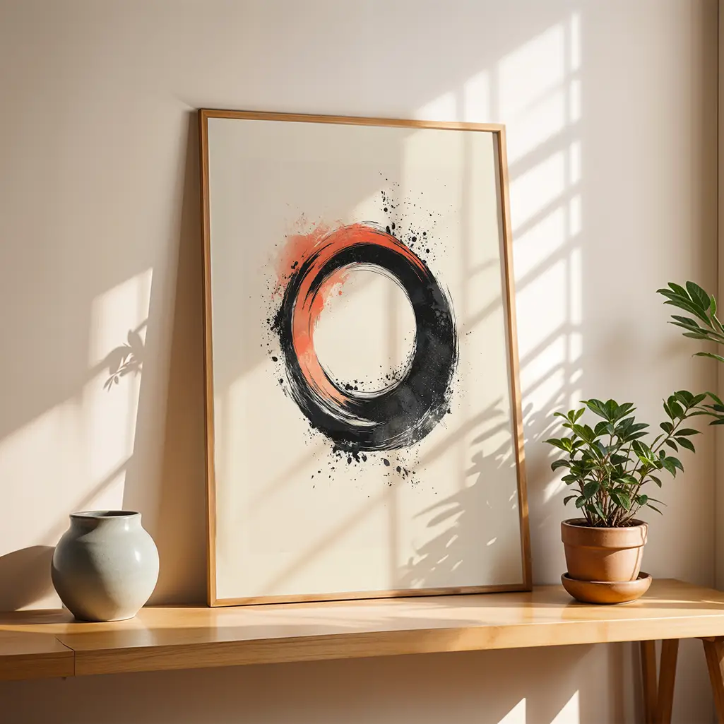 Framed 'Crimson Vortex Ensō' print standing on a wooden shelf next to a grey vase and a potted plant, with sunlight streaming in.