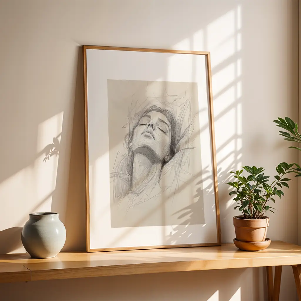 Framed sketch of a sleeping woman on a wooden shelf with a plant and vase