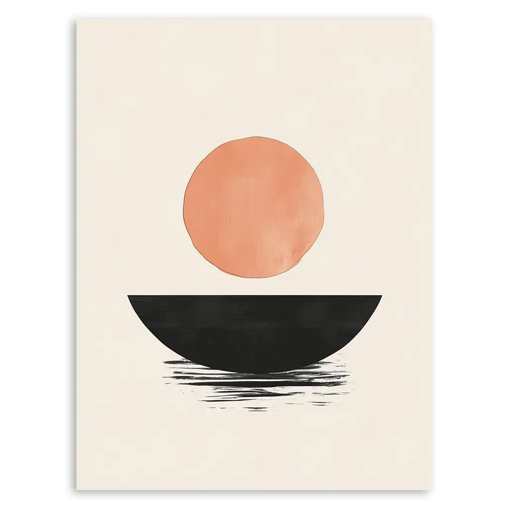 Close-up of a Japandi print featuring a peach circle above a black crescent with brushed texture on a cream background.