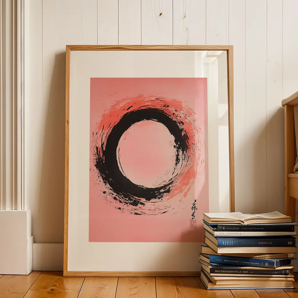 Framed Ensō print leaning against a white wall, next to a stack of books and a wooden stool.