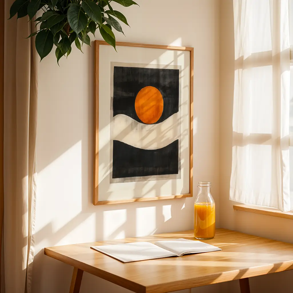Framed abstract print hanging on a white wall above a wooden desk with juice bottle and notebook.