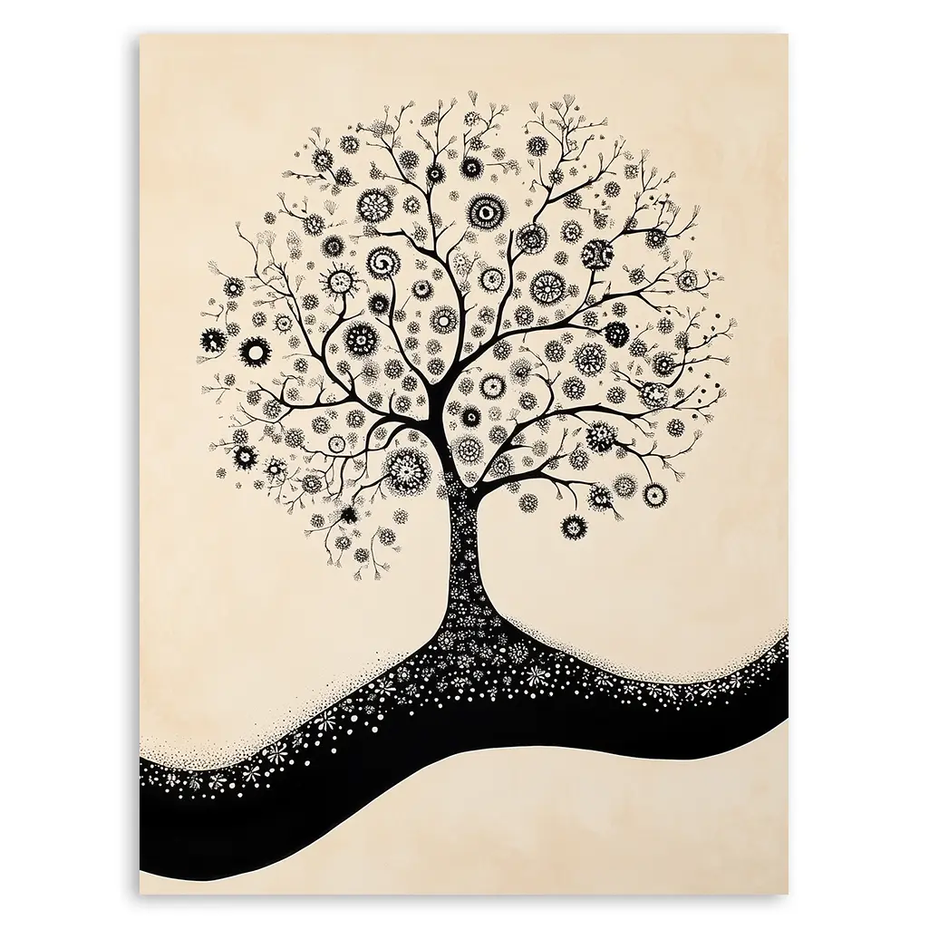 Detailed black and white illustration of a tree with decorative leaves and a wavy, textured base on a light beige background.