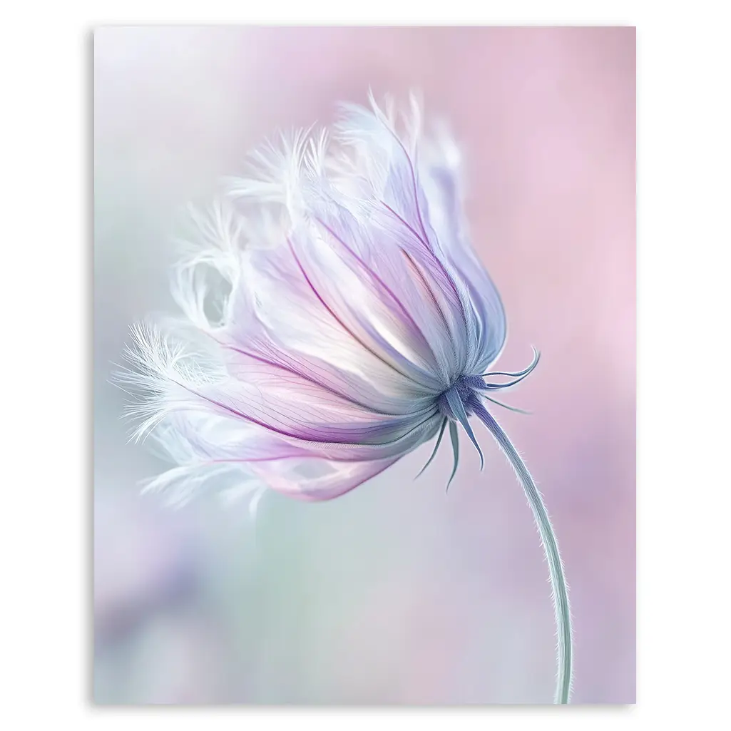 Close-up of a dreamy pastel artwork featuring a soft purple and white flower with delicate, feathery petals against a blurred background.