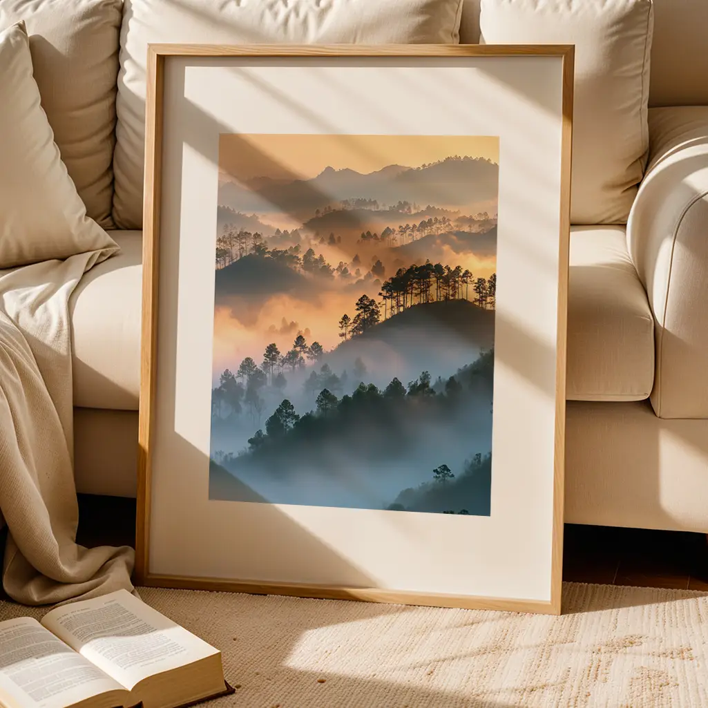 Framed art print of a foggy mountain scene, resting on the floor beside a sofa and open book.