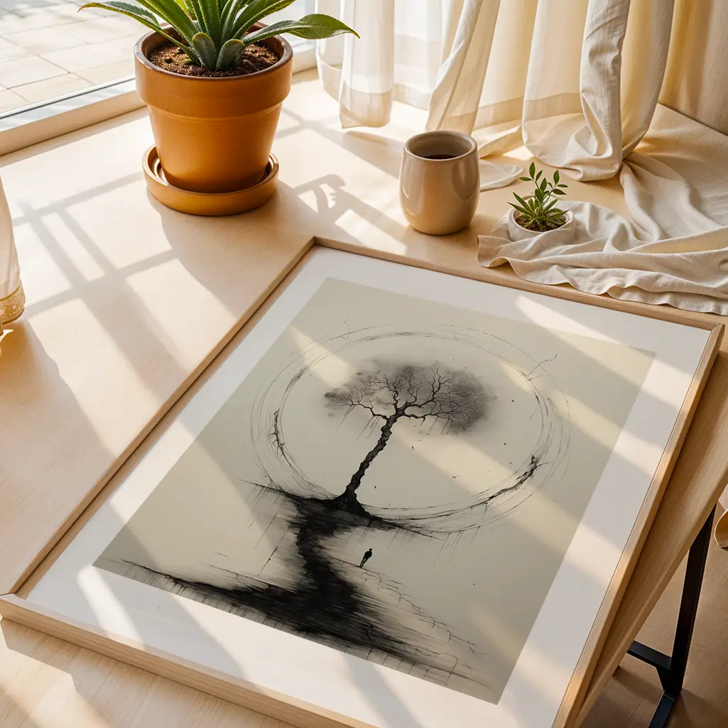 Framed tree artwork with an Ensō circle seen from above, resting on a wooden surface near a window with a potted plant.